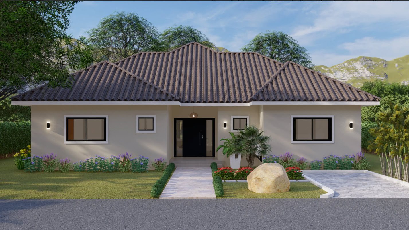 buyDRproperty Exterior view of a Wonderful 3 Bedroom Villa with a tiled roof and lush landscaping. Sosua Real Estate