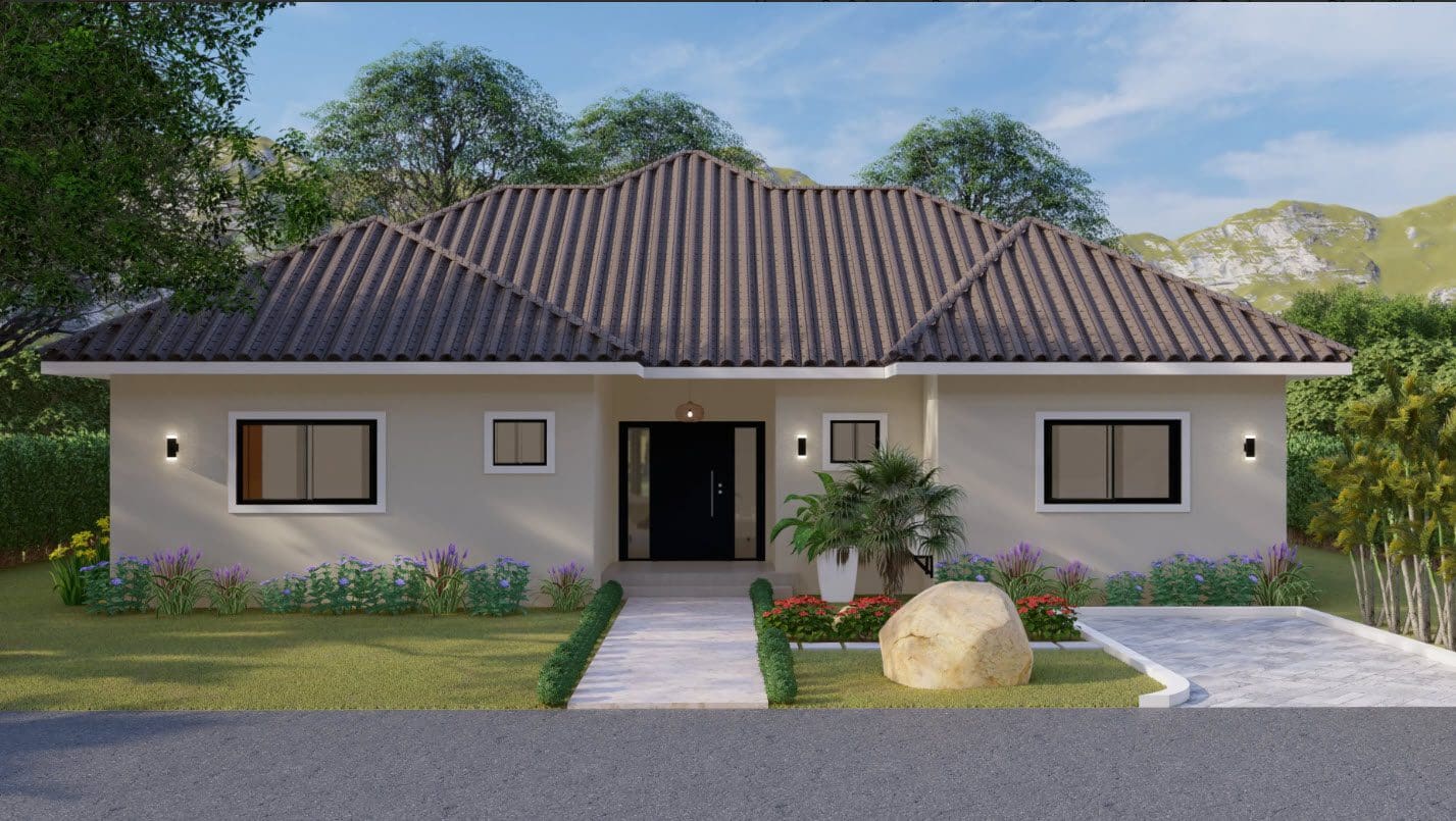 buyDRproperty Exterior view of a Wonderful 3 Bedroom Villa with a tiled roof and lush landscaping. Sosua Real Estate