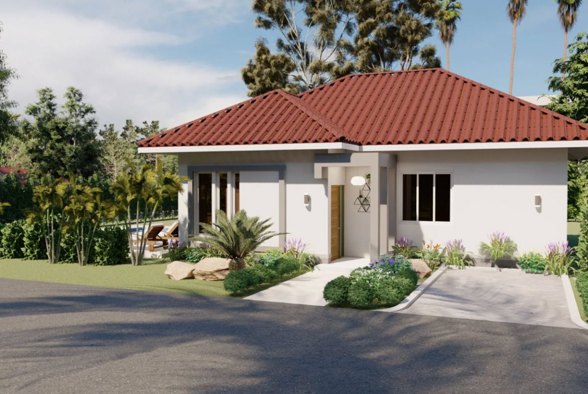 buyDRproperty Villa COLIBRI exterior with a red tile roof and lush landscaping Sosua Real Estate