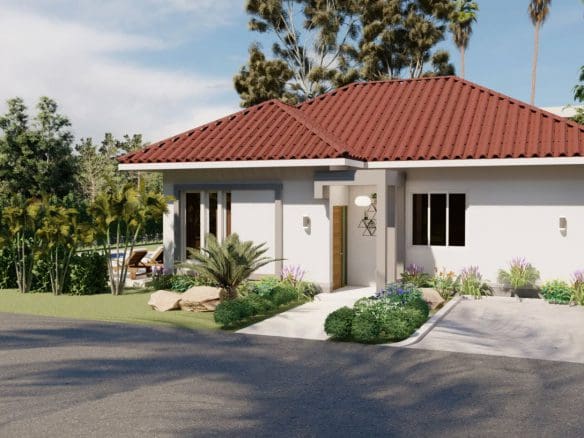 buyDRproperty Villa COLIBRI exterior with a red tile roof and lush landscaping Sosua Real Estate