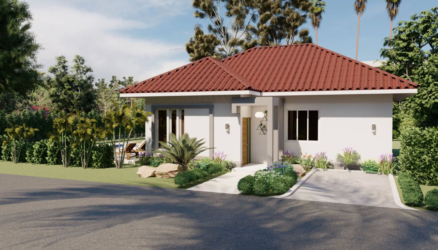 buyDRproperty Villa COLIBRI exterior with a red tile roof and lush landscaping Sosua Real Estate