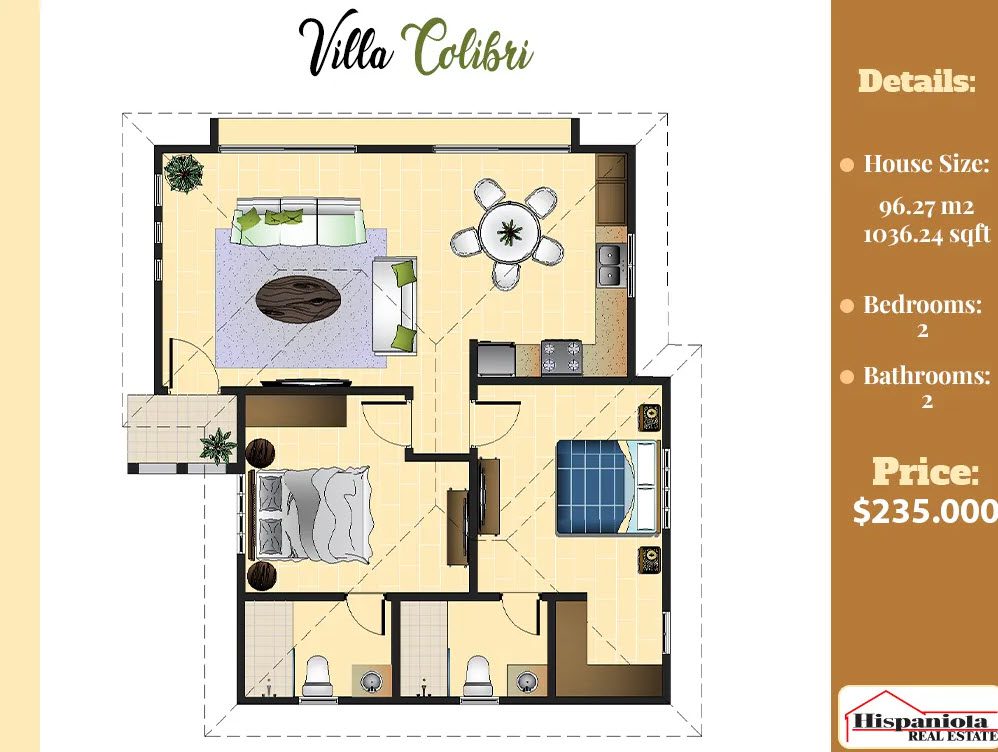 buyDRproperty Villa Colibri floor plan with details: 96.27 m2, 2 bedrooms, 2 bathrooms, $235,000 Sosua Real Estate