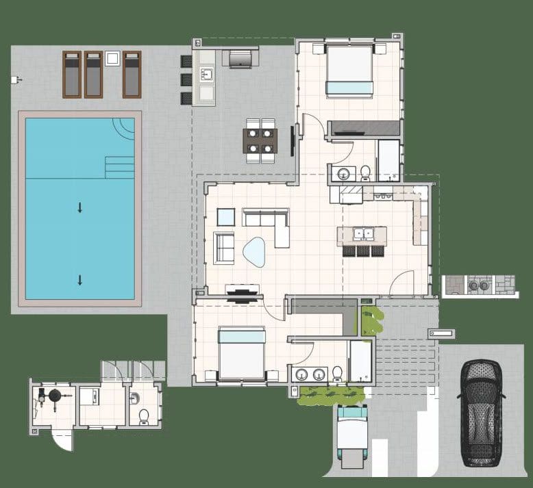 buyDRproperty Floor plan of a Beautiful Villa SUNBREEZE with a pool and outdoor kitchen. Sosua Real Estate