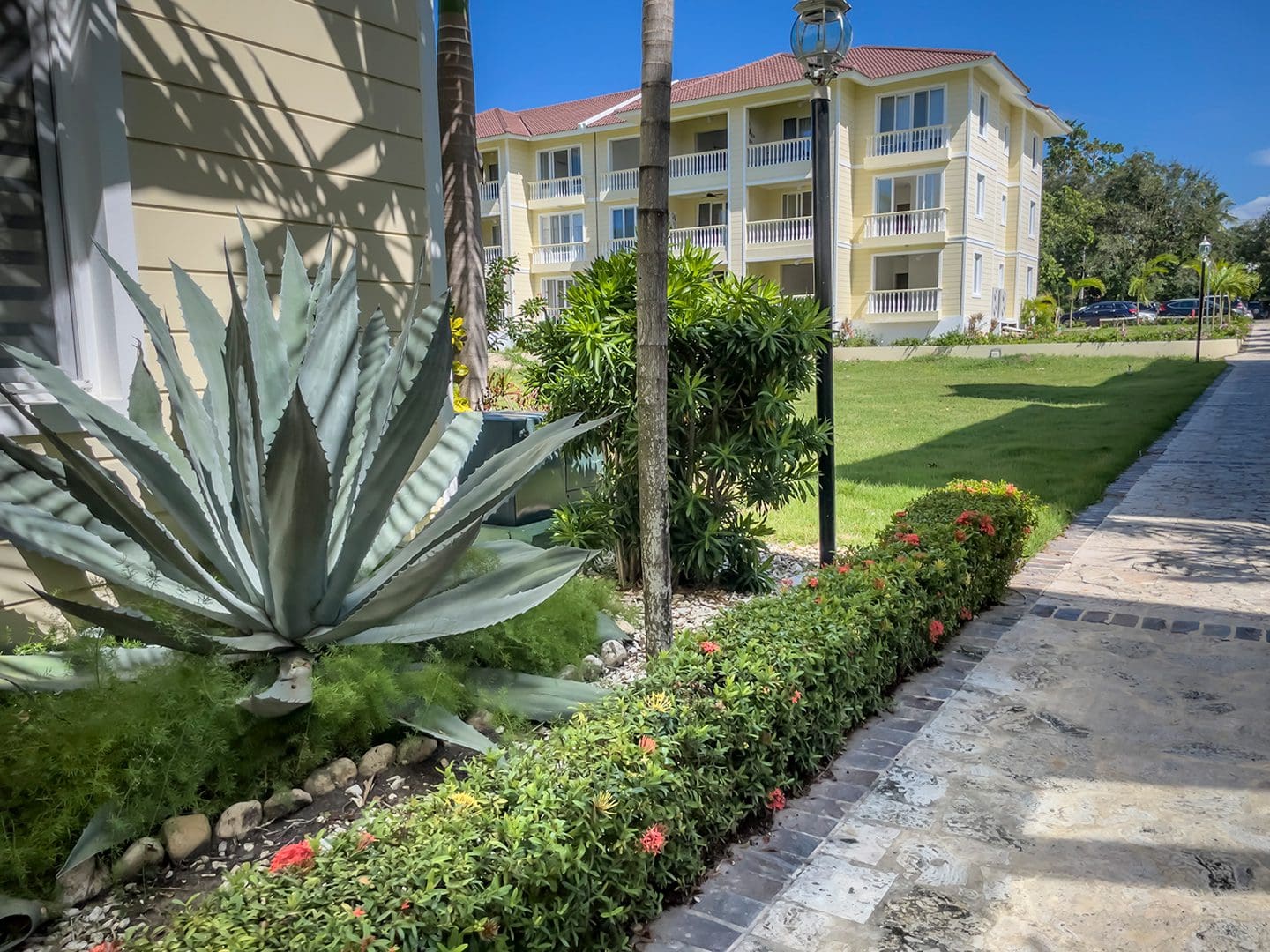 buyDRproperty Exterior view of an oceanfront condo in Sosua with lush landscaping Sosua Real Estate