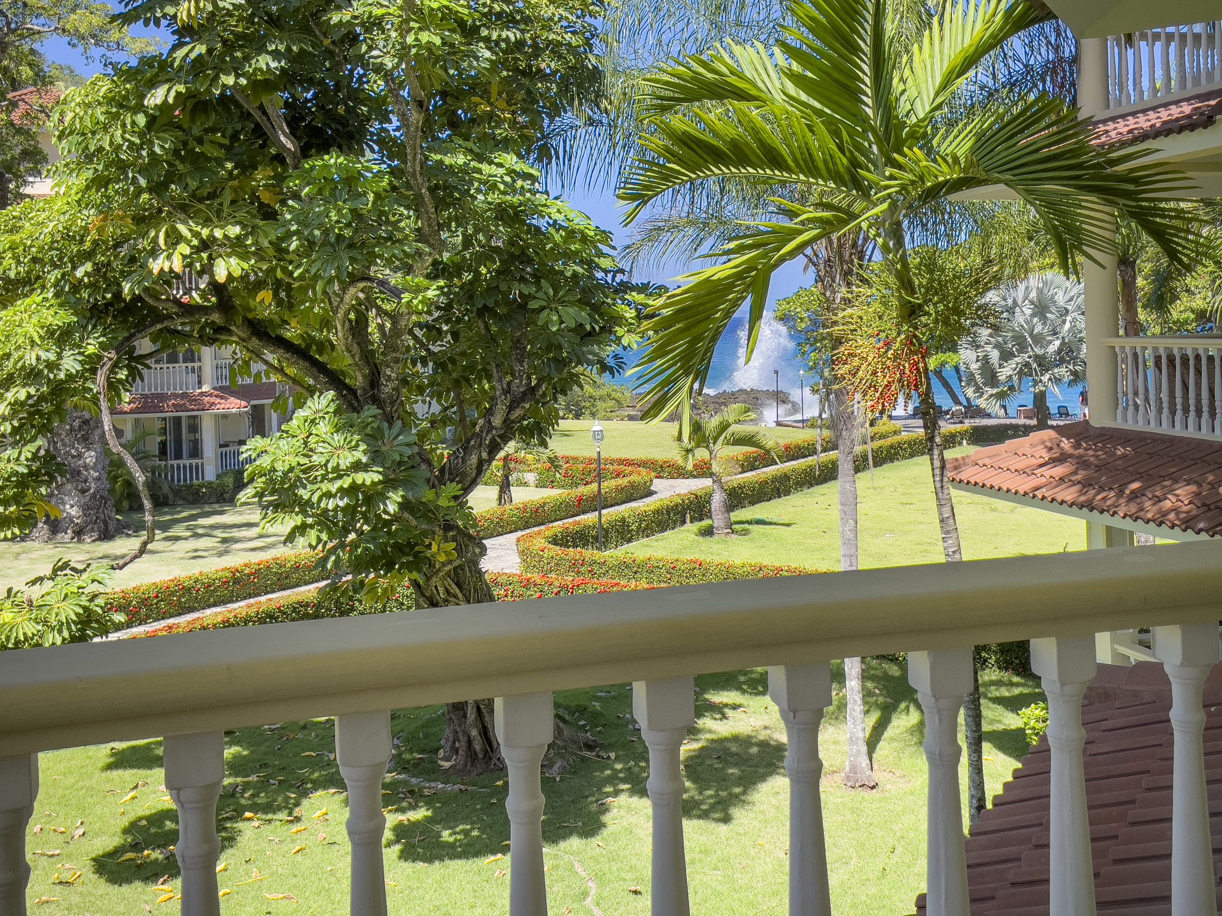 buyDRproperty View from balcony of a 3 Bedroom Oceanfront Condo overlooking tropical landscape and ocean. Sosua Real Estate