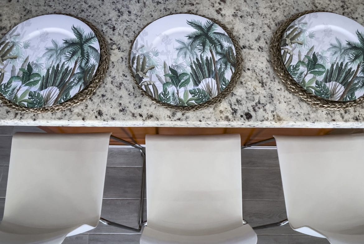 buyDRproperty Three place settings with tropical palm tree design on a granite countertop, perfect for a 2 Bedroom Villa For Sale. Sosua Real Estate