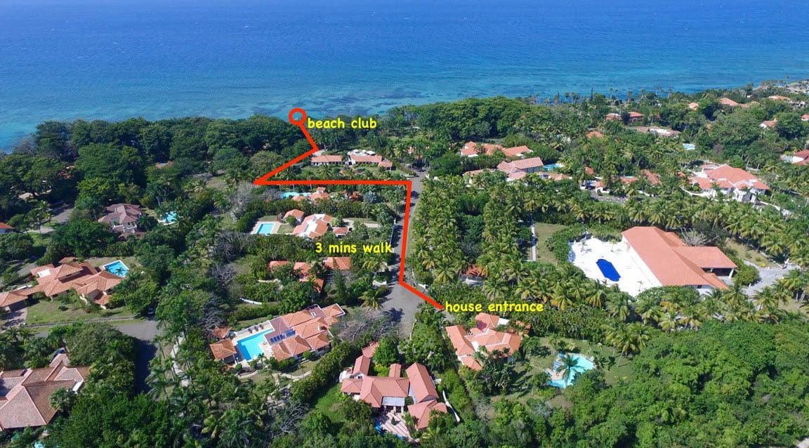buyDRproperty Aerial view of Villa Blanca, a beautiful estate in Sea Horse Ranch, with the beach club a 3-minute walk away. Sosua Real Estate