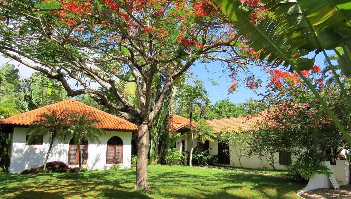 buyDRproperty Sea Horse Ranch Villa Las Flores home with red tile roof and lush tropical landscaping. Sosua Real Estate
