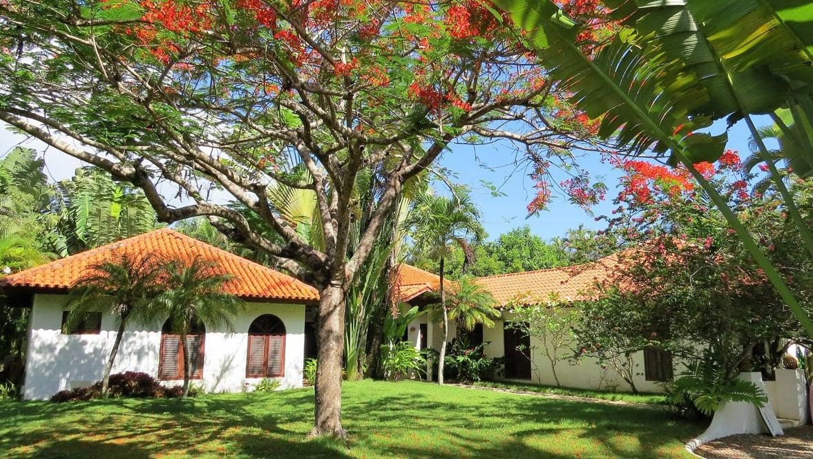 buyDRproperty Sea Horse Ranch Villa Las Flores home with red tile roof and lush tropical landscaping. Sosua Real Estate