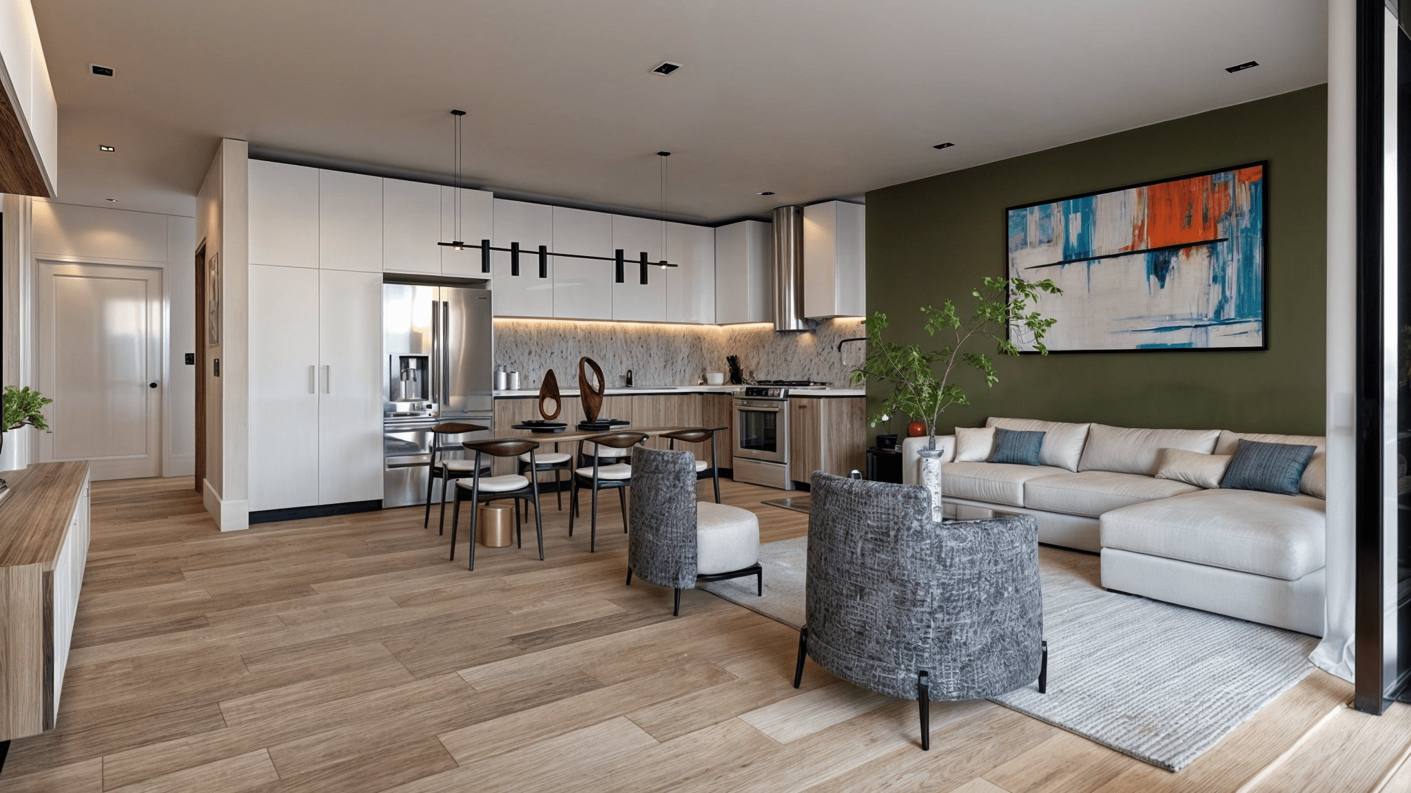 buyDRproperty Modern open-plan living space featuring a kitchen, dining area, and living room with hardwood floors. Sosua Real Estate