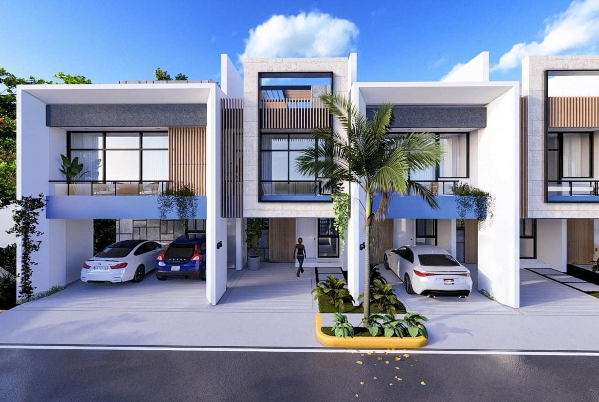 buyDRproperty Modern beach homes with carports, blue accents, and a palm tree. SEPTEMBER DEAL Sosua Real Estate