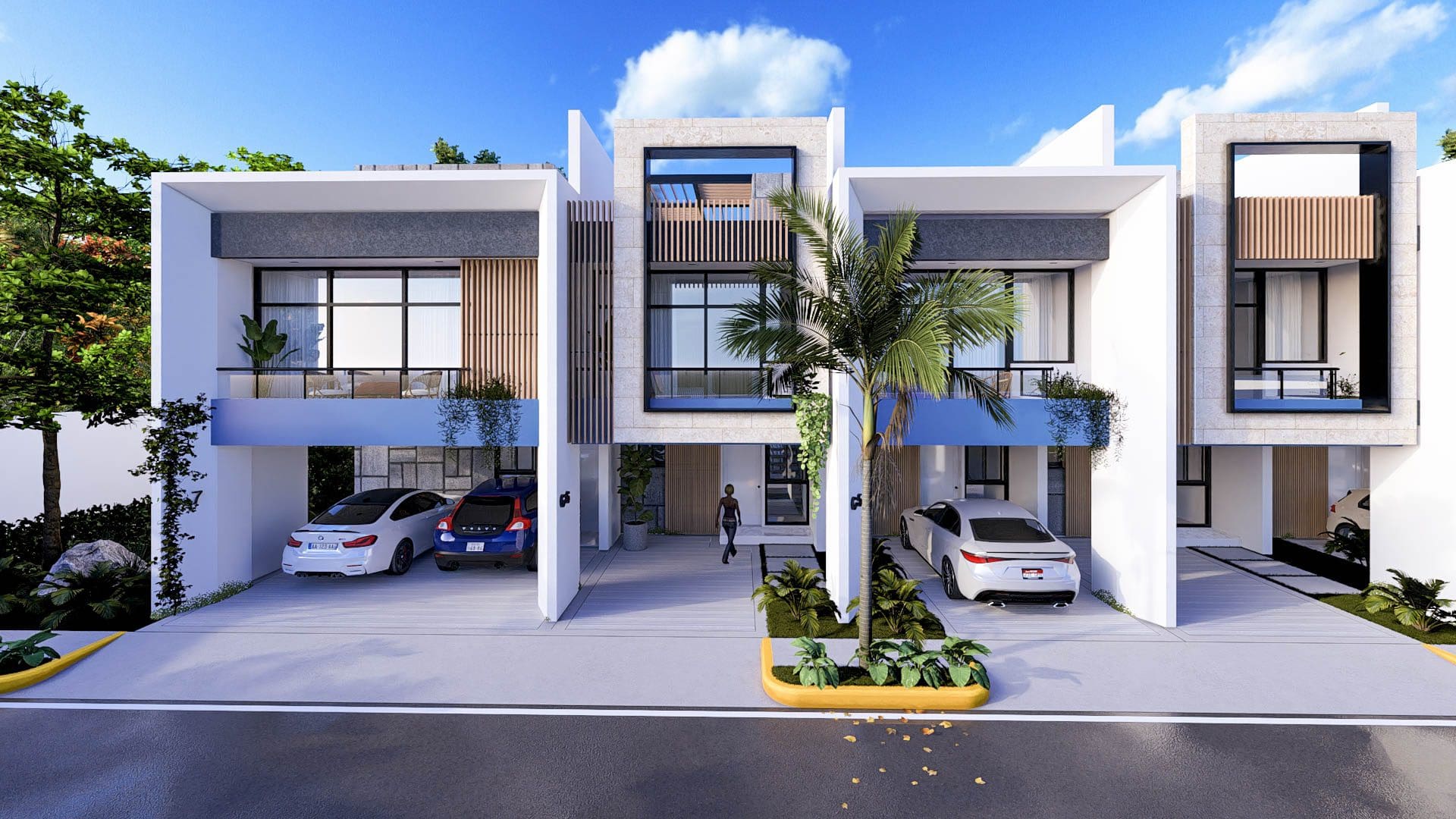 buyDRproperty Modern beach homes with carports, blue accents, and a palm tree. SEPTEMBER DEAL Sosua Real Estate