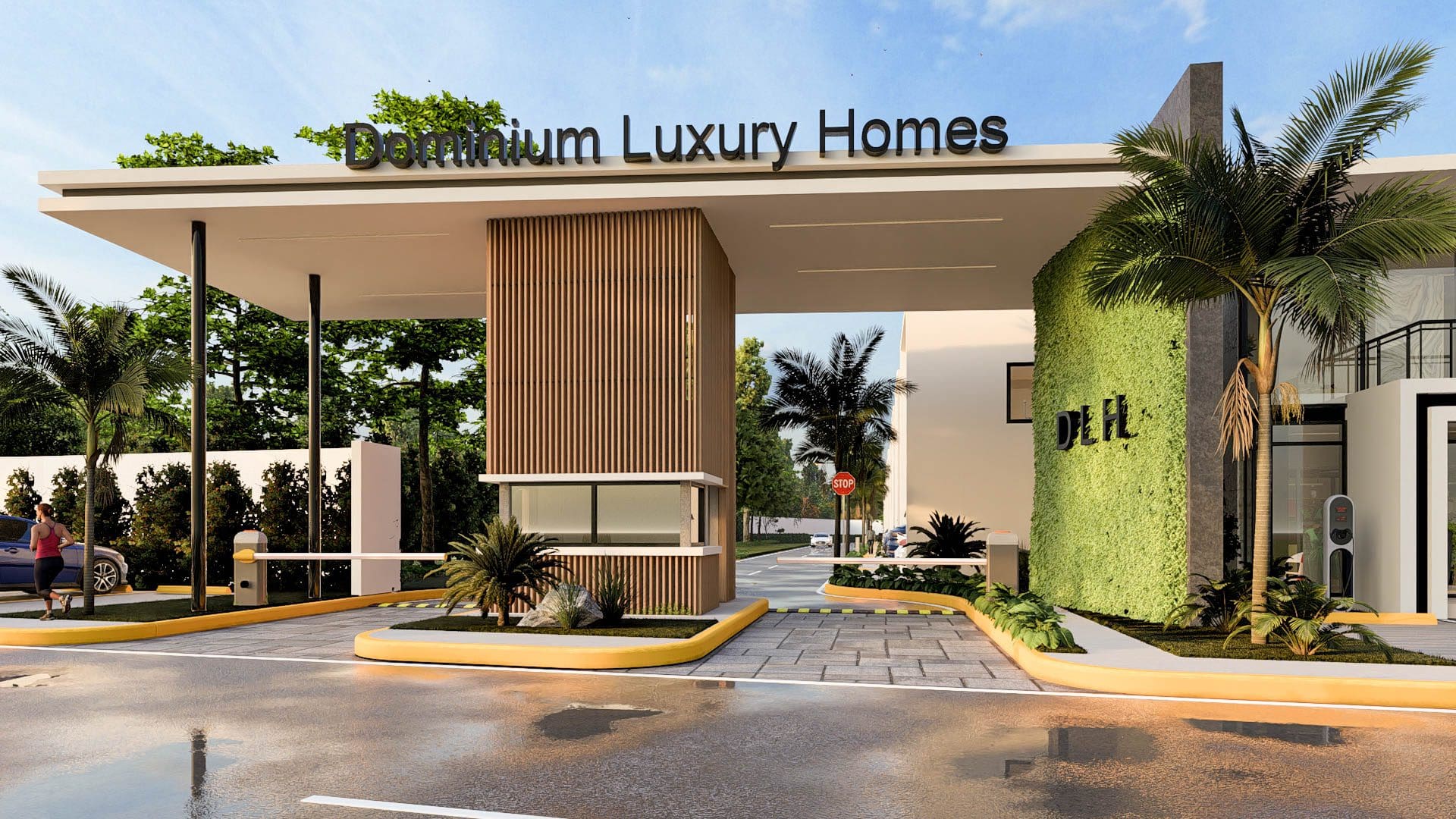 buyDRproperty Dominium Luxury Homes entrance with security booth and gate. Sosua Real Estate