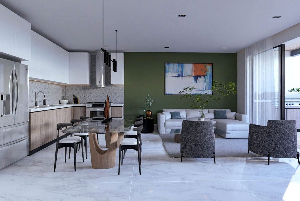 buyDRproperty Modern open-concept living space with kitchen, dining area, and living room. White and wood kitchen, green accent wall. Sosua Real Estate