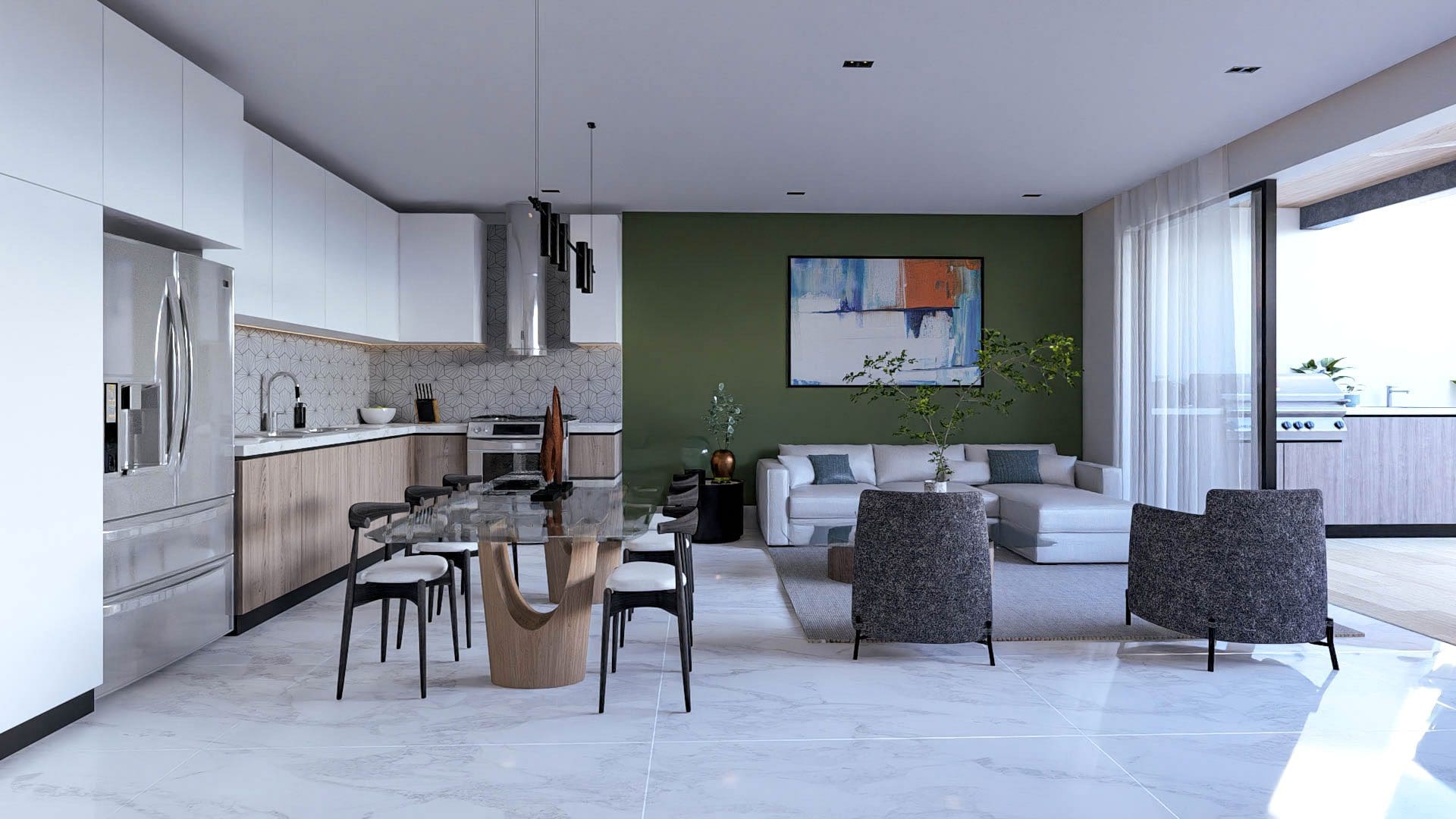 buyDRproperty Modern open-concept living space with kitchen, dining area, and living room. White and wood kitchen, green accent wall. Sosua Real Estate