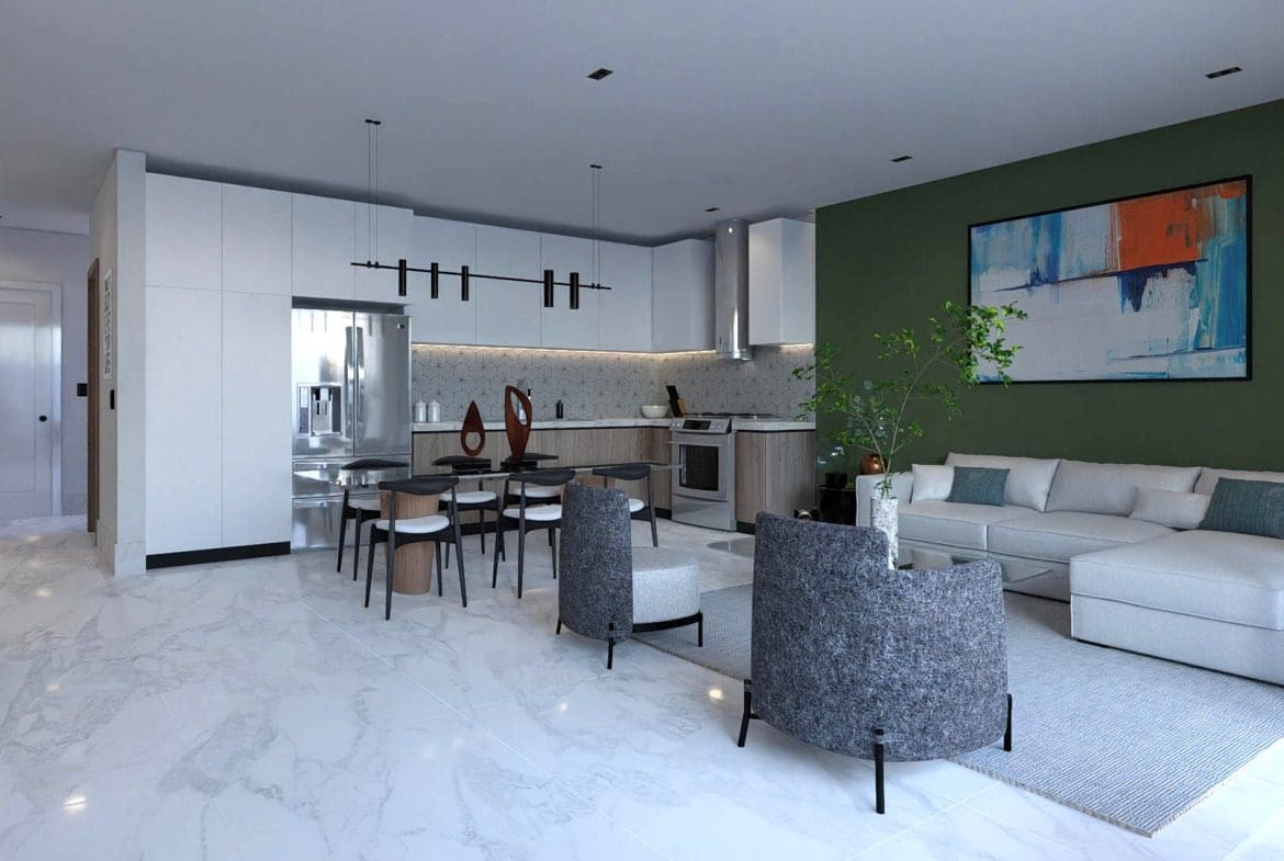 buyDRproperty Modern open-plan living space with kitchen, dining area, and sofa. Clean design. Sosua Real Estate