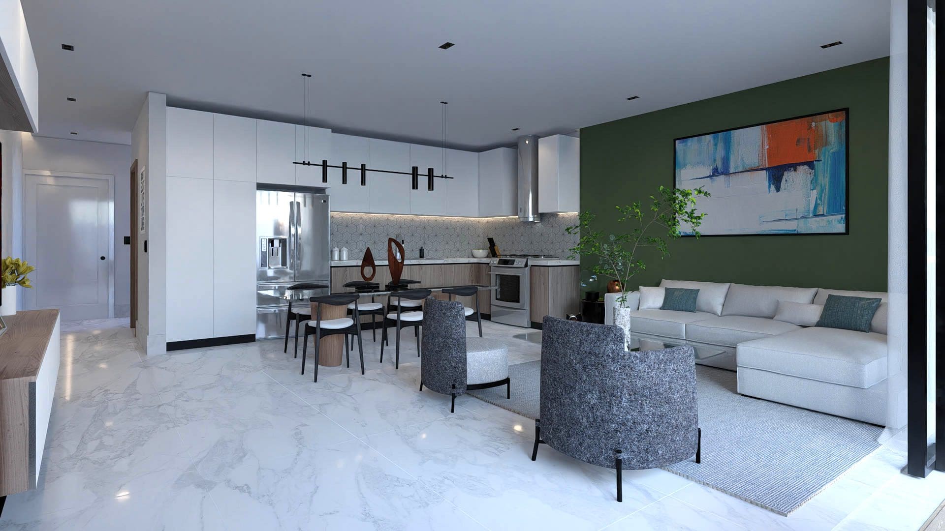 buyDRproperty Modern open-plan living space with kitchen, dining area, and sofa. Clean design. Sosua Real Estate