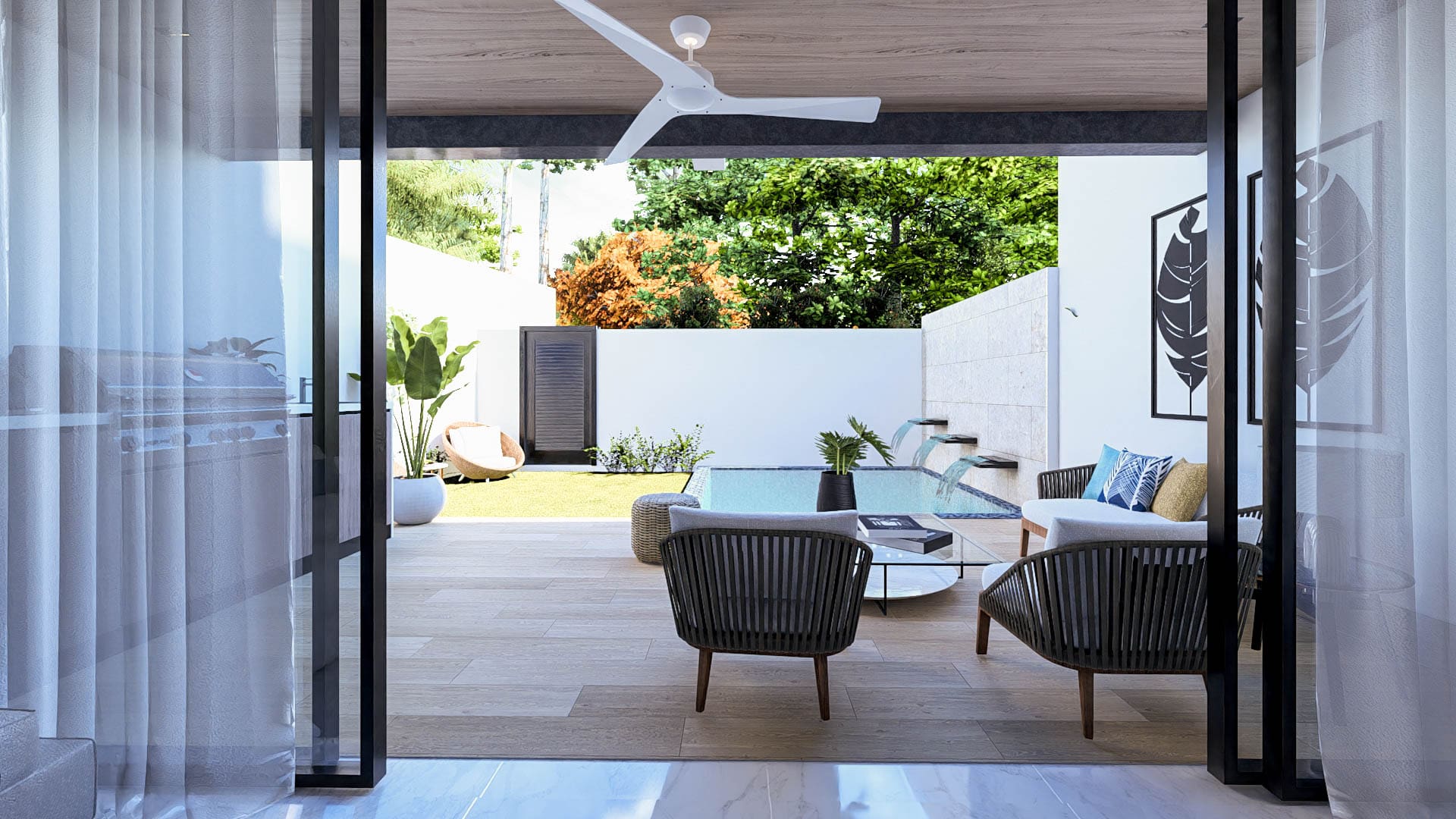 buyDRproperty Luxury outdoor patio with pool, seating area, and greenery, perfect for a SEPTEMBER DEAL beach home. Sosua Real Estate