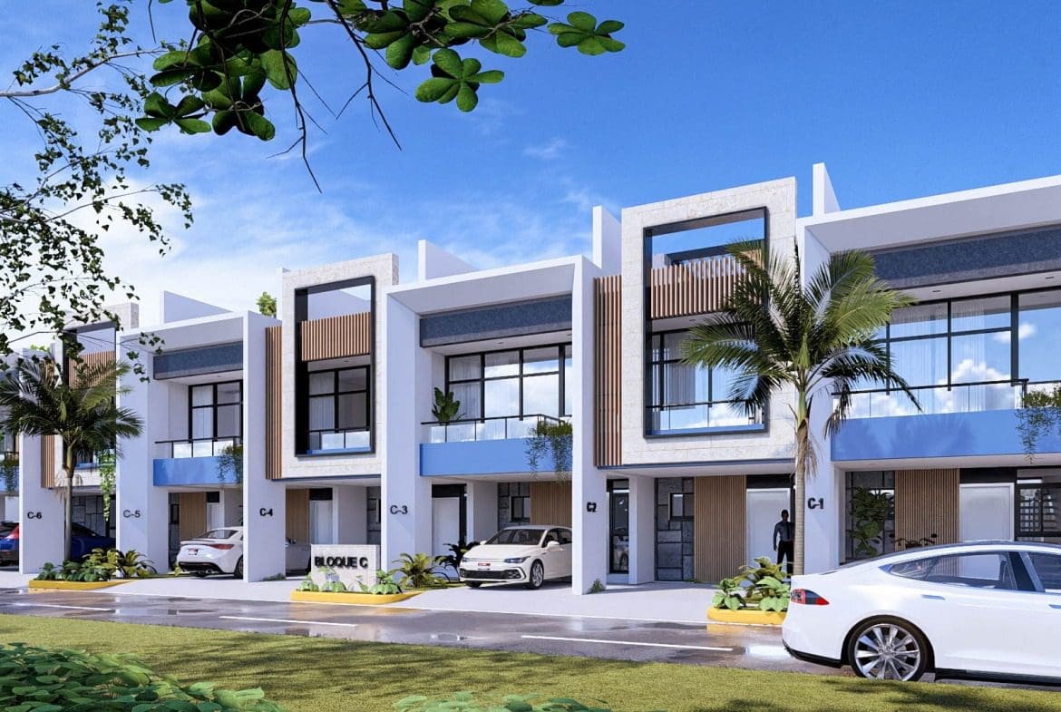 buyDRproperty Modern beach homes with contemporary architecture, palm trees, and blue accents. Sosua Real Estate