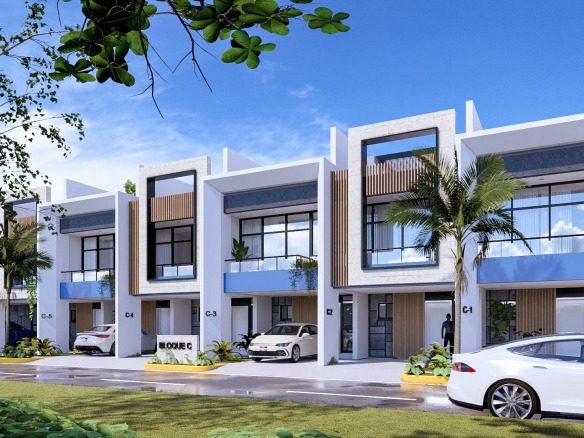 buyDRproperty Modern beach homes with contemporary architecture, palm trees, and blue accents. Sosua Real Estate