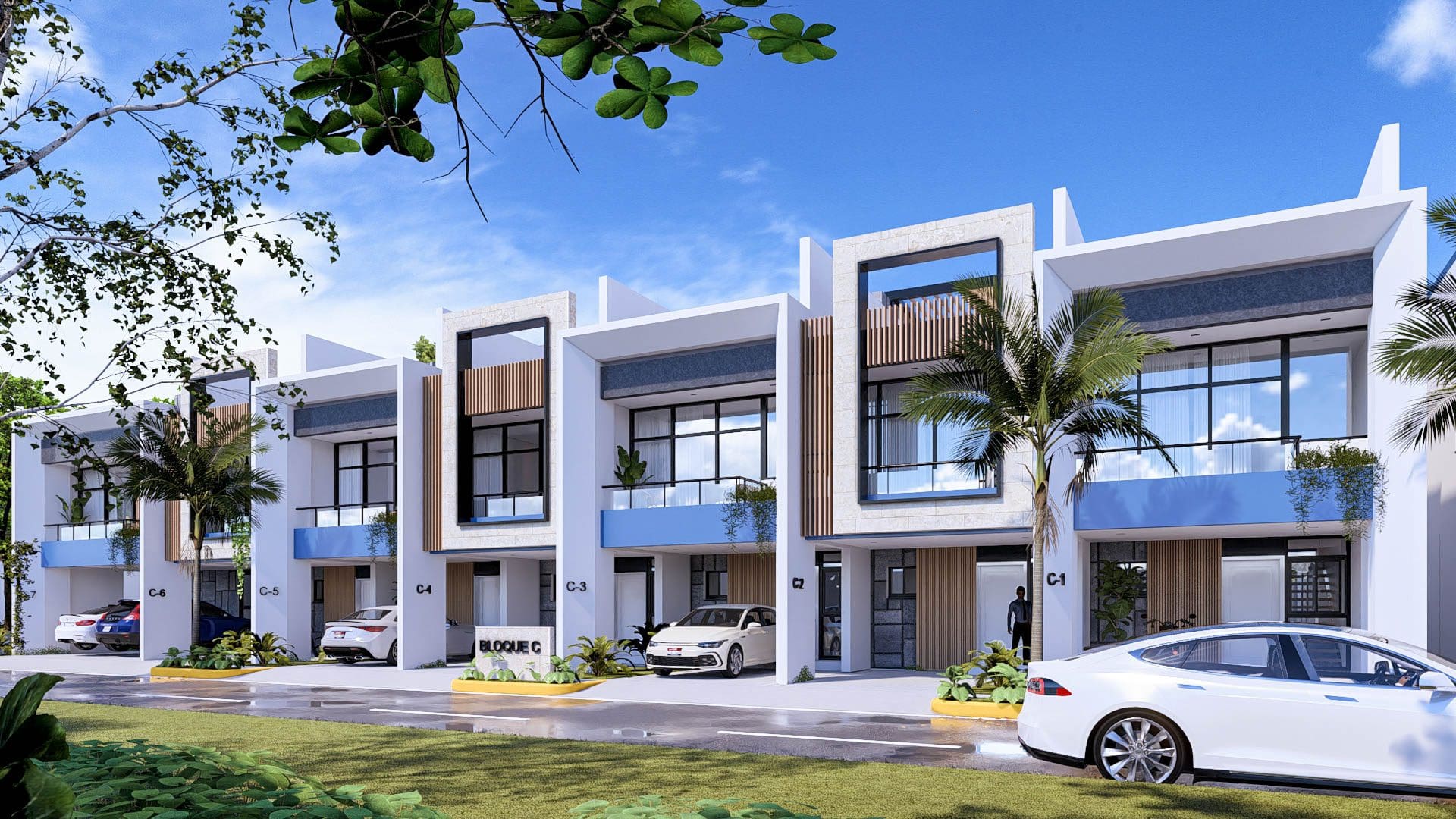 buyDRproperty Modern beach homes with contemporary architecture, palm trees, and blue accents. Sosua Real Estate