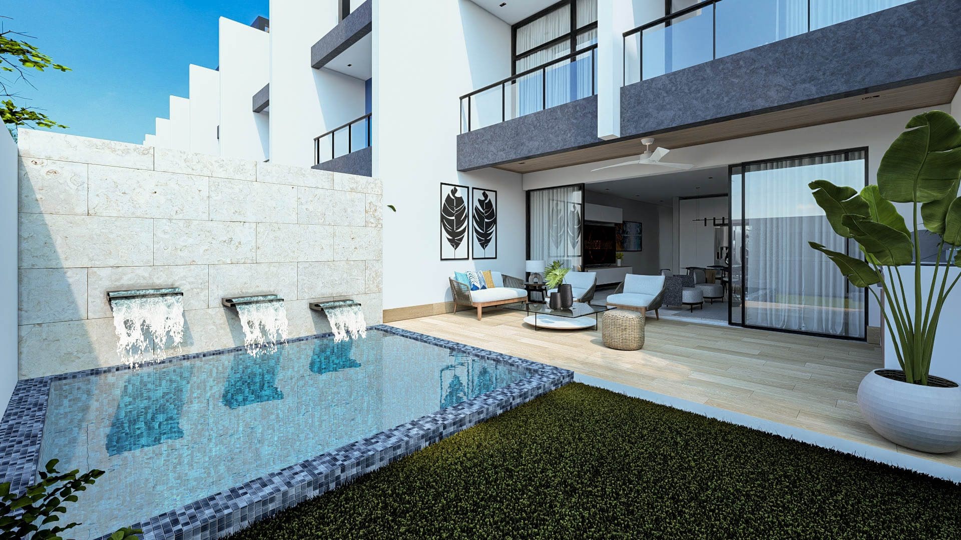 buyDRproperty Modern patio with pool and water feature, part of a beach home. Sosua Real Estate
