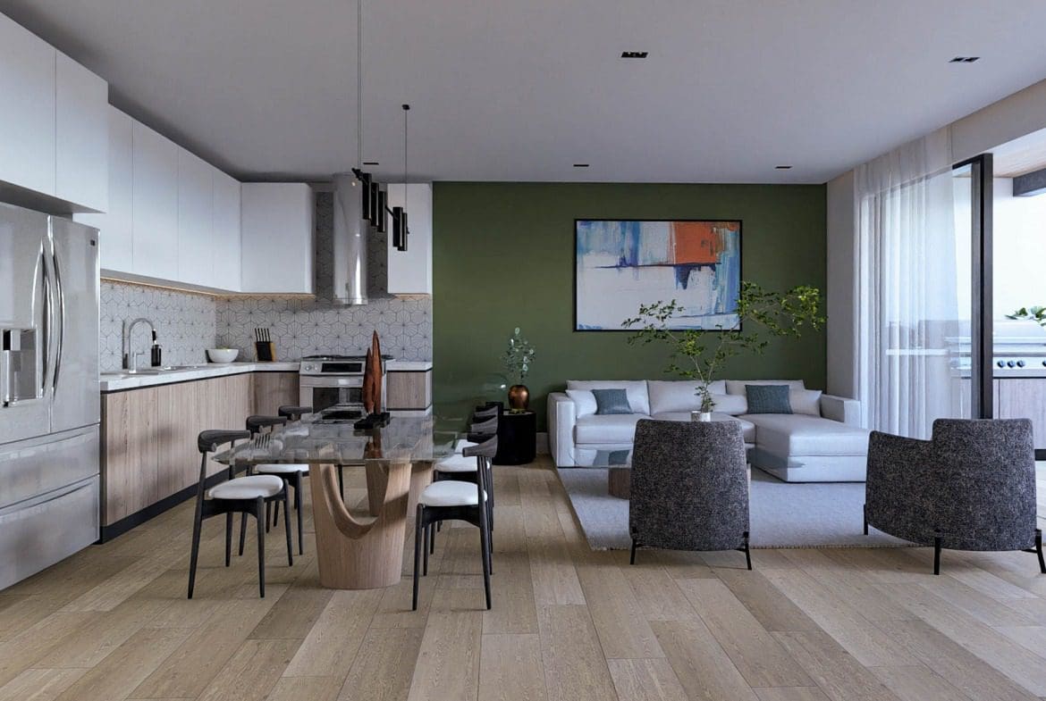 buyDRproperty Modern open-concept living space with kitchen and dining area. SEPTEMBER DEAL Beautiful Beach Homes CO 5876 SO PLCH Sosua Real Estate