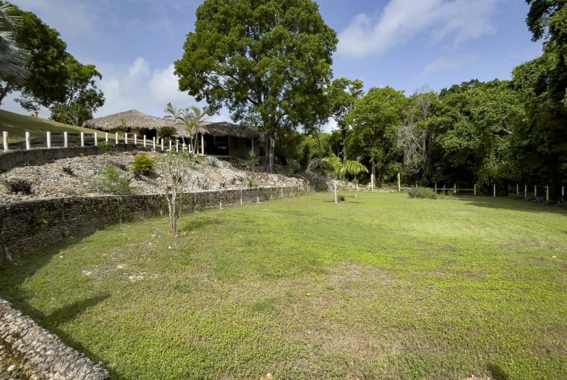 buyDRproperty Grassy building lot with thatched-roof buildings and trees under a blue sky. Sosua Real Estate