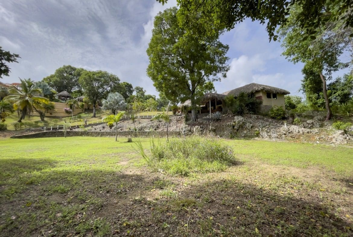 buyDRproperty Tropical building lot with thatched roof structures and lush green grass. Sosua Real Estate