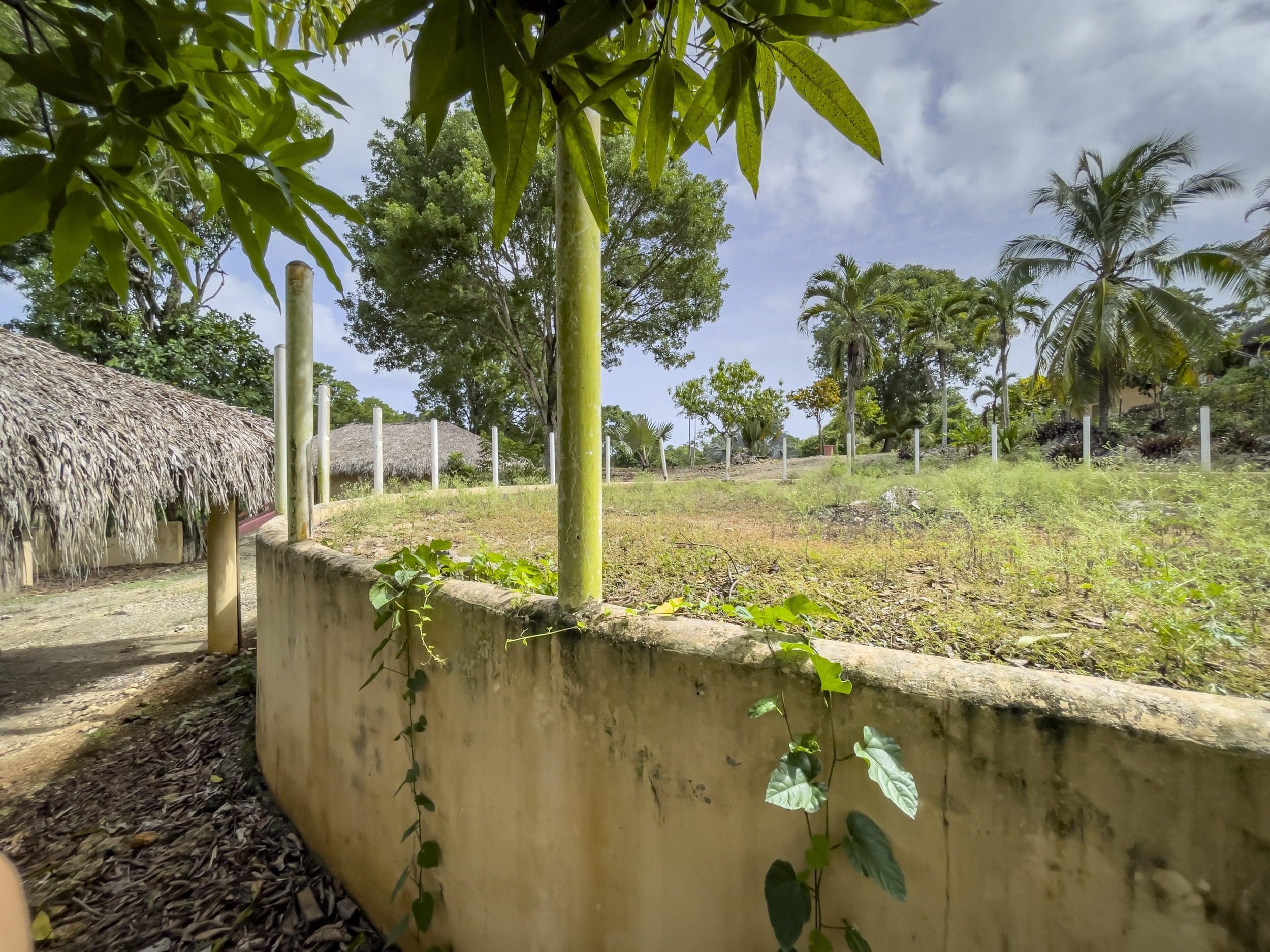 buyDRproperty Building lot with round structure, wall with climbing plants, and thatched roof. Sosua Real Estate