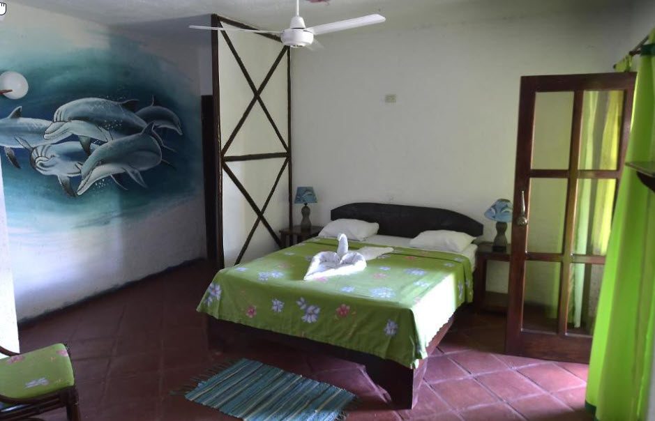 buyDRproperty Hotel room with dolphin mural and bed. Sosua Real Estate