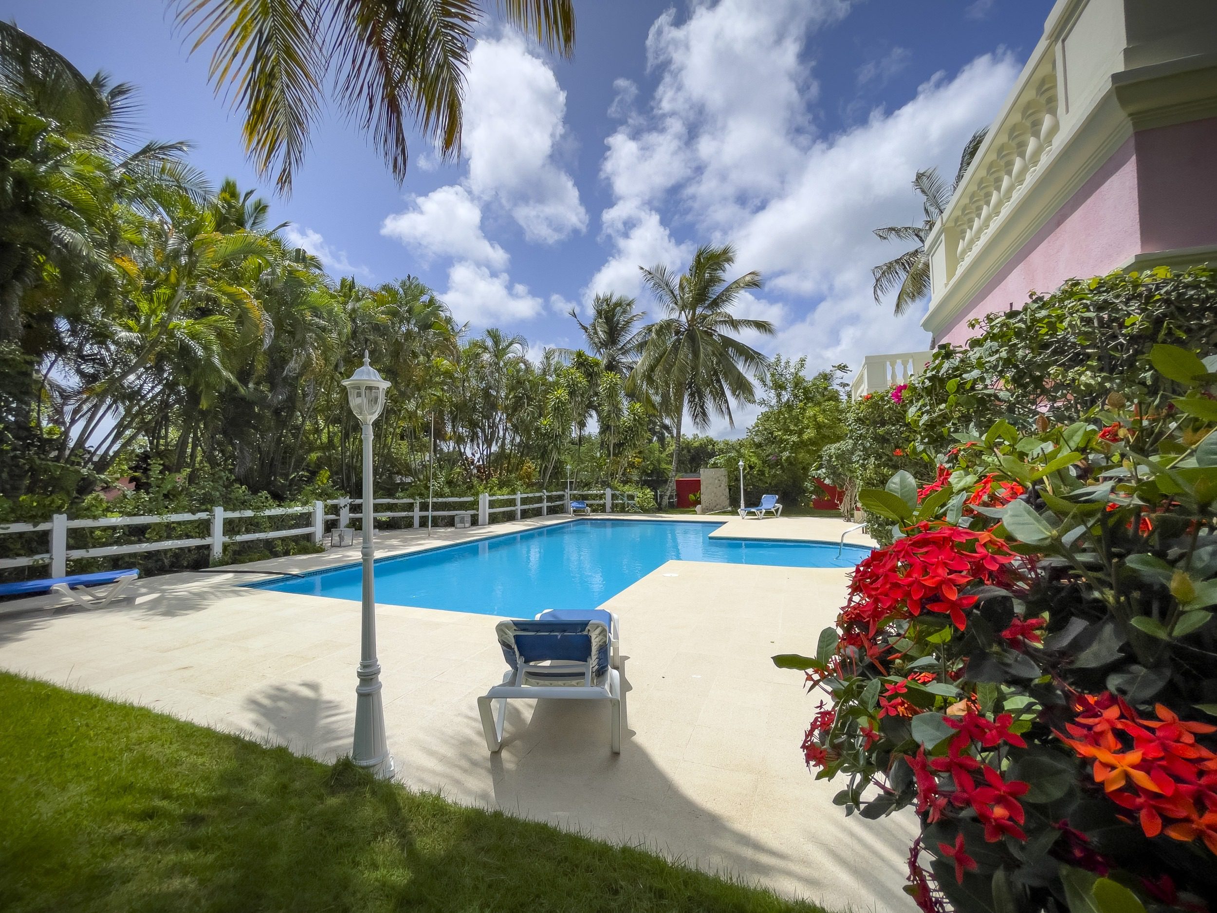 buyDRproperty Prime villa with a swimming pool, palm trees, and red flowers under a blue sky. Sosua Real Estate