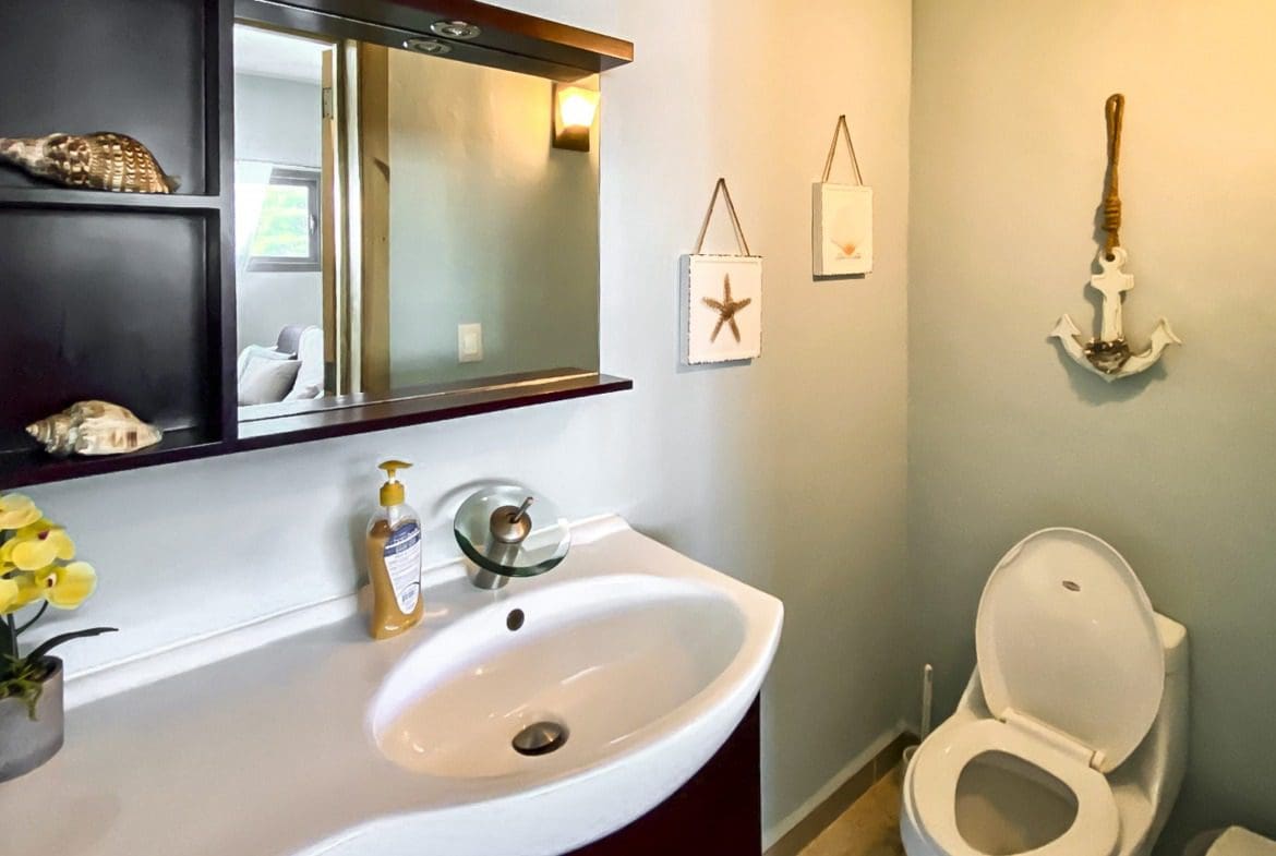 buyDRproperty Coastal bathroom with sink, toilet, and decorative starfish art. Located in a ProCab penthouse. Sosua Real Estate