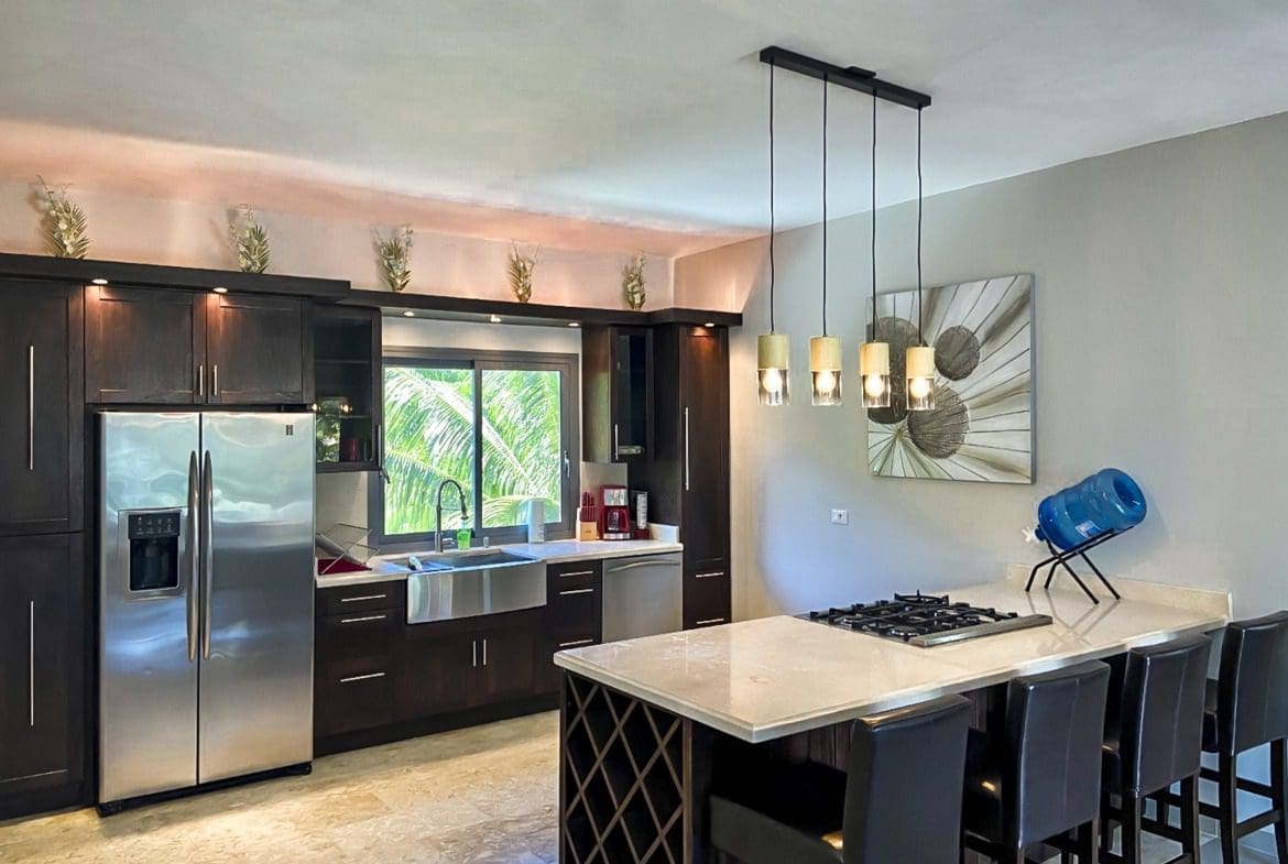 buyDRproperty Modern kitchen with dark cabinets, stainless steel appliances, and a kitchen island. Sosua Real Estate
