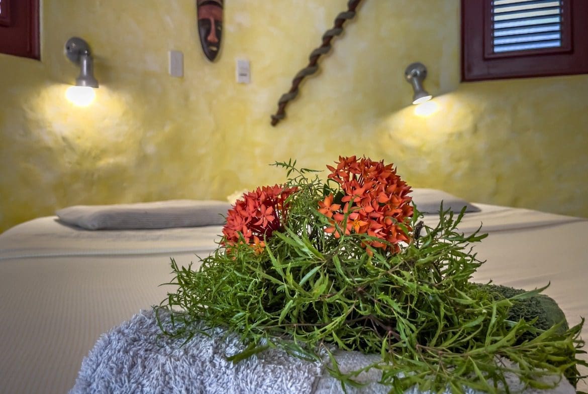 buyDRproperty Red flowers and greenery on a towel in a B&B bedroom Sosua Real Estate