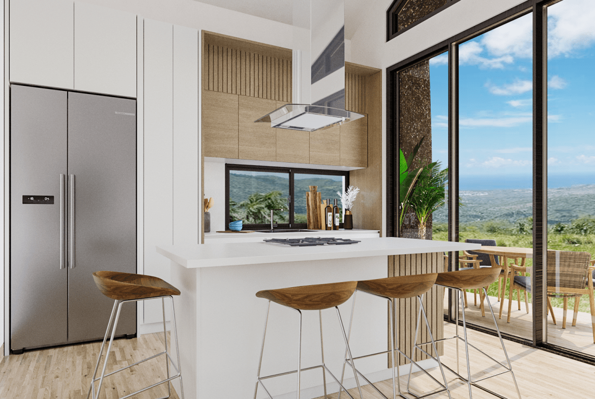 buyDRproperty Modern kitchen with island, bar stools, and panoramic view from a large window. Sosua Real Estate