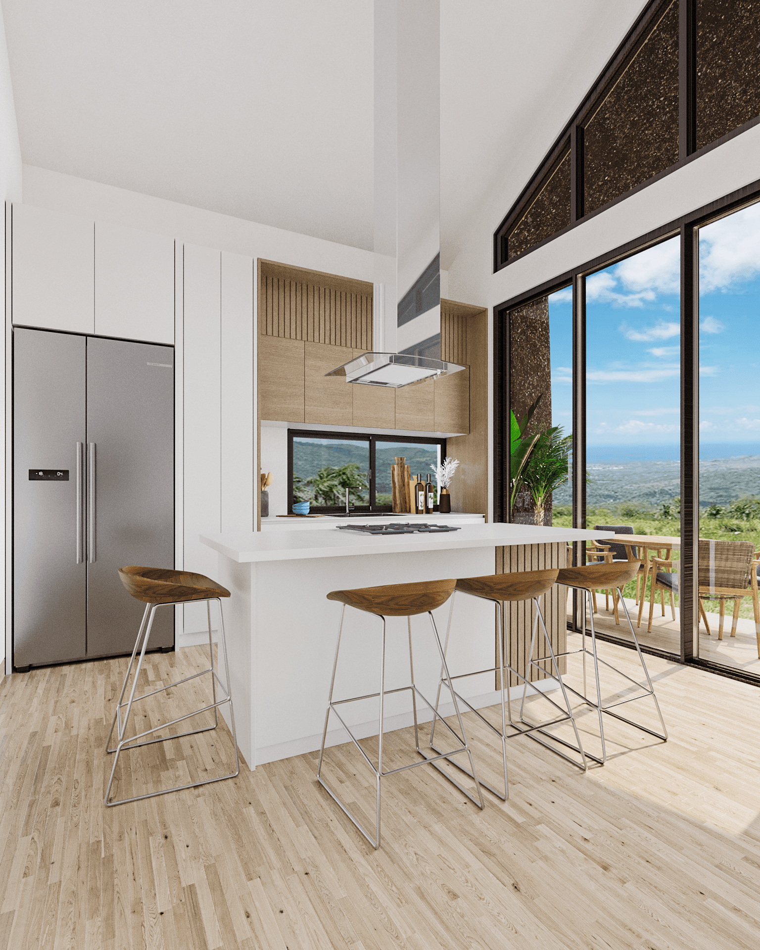 buyDRproperty Modern kitchen with island, bar stools, and panoramic view from a large window. Sosua Real Estate