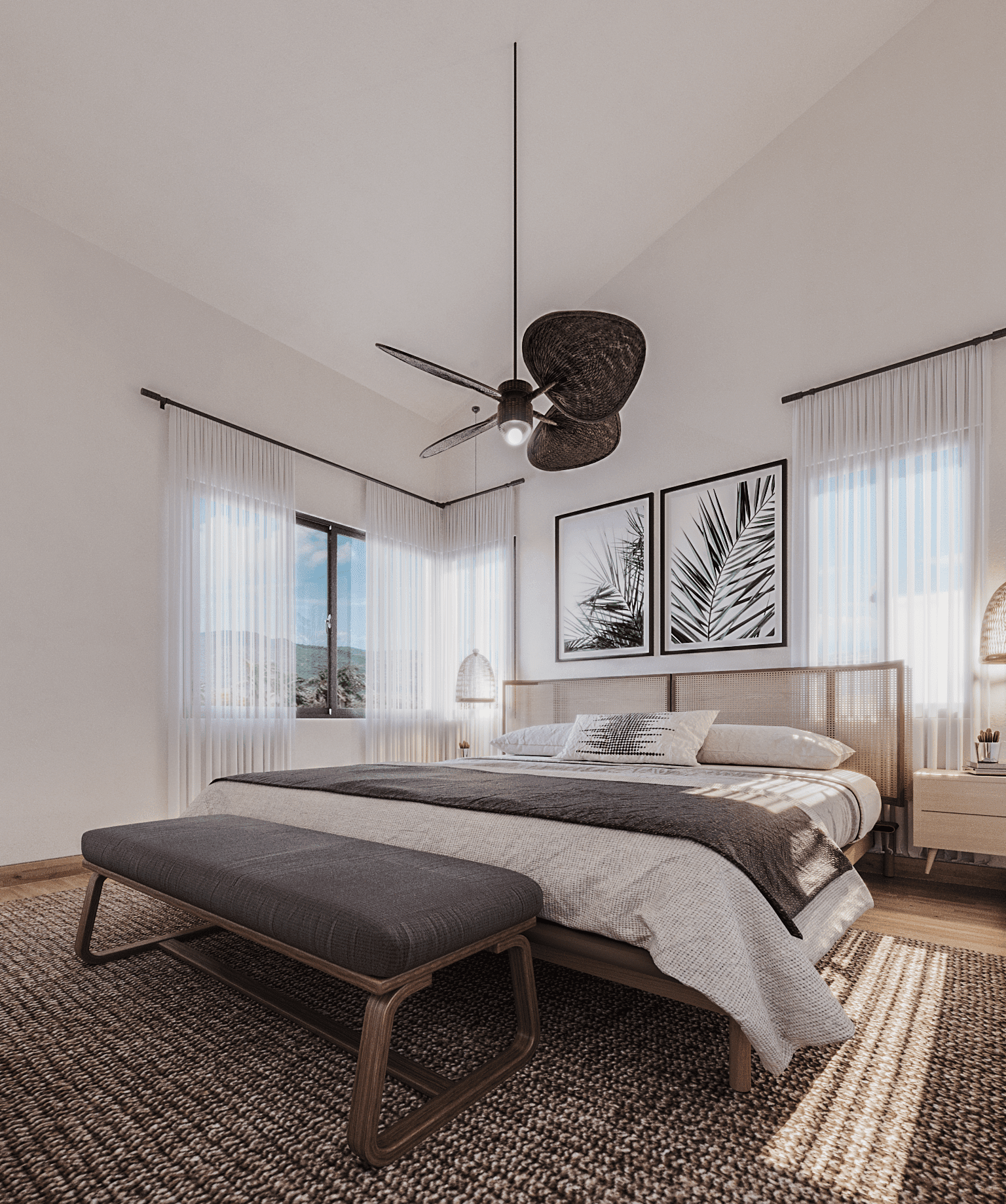 buyDRproperty Bedroom with cane headboard, palm prints, and a ceiling fan; perfect for a bungalow with incredible views. Sosua Real Estate