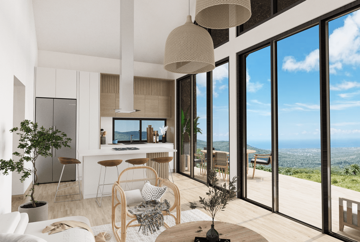 buyDRproperty Modern bungalow living room with incredible views, kitchen, and seating area. Sosua Real Estate