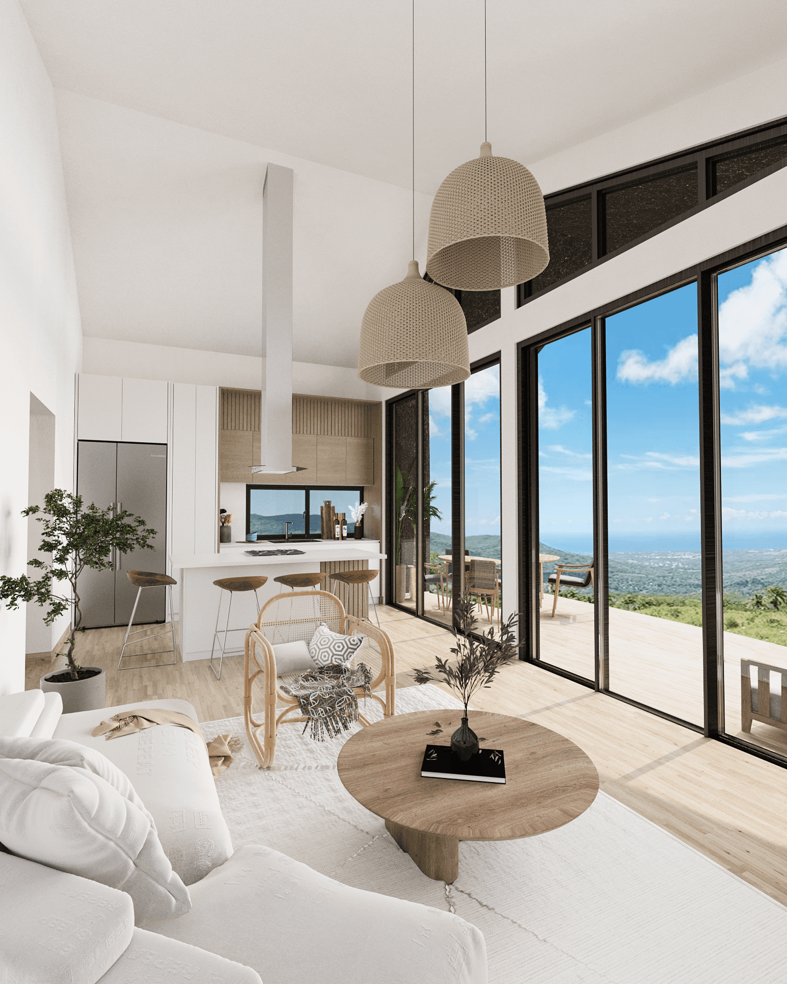 buyDRproperty Modern bungalow living room with incredible views, kitchen, and seating area. Sosua Real Estate