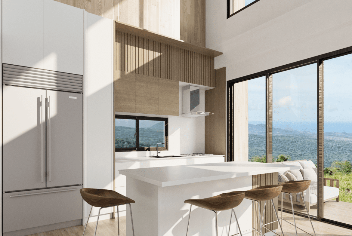buyDRproperty Modern kitchen with panoramic views, natural wood accents, and bar seating. Sosua Real Estate