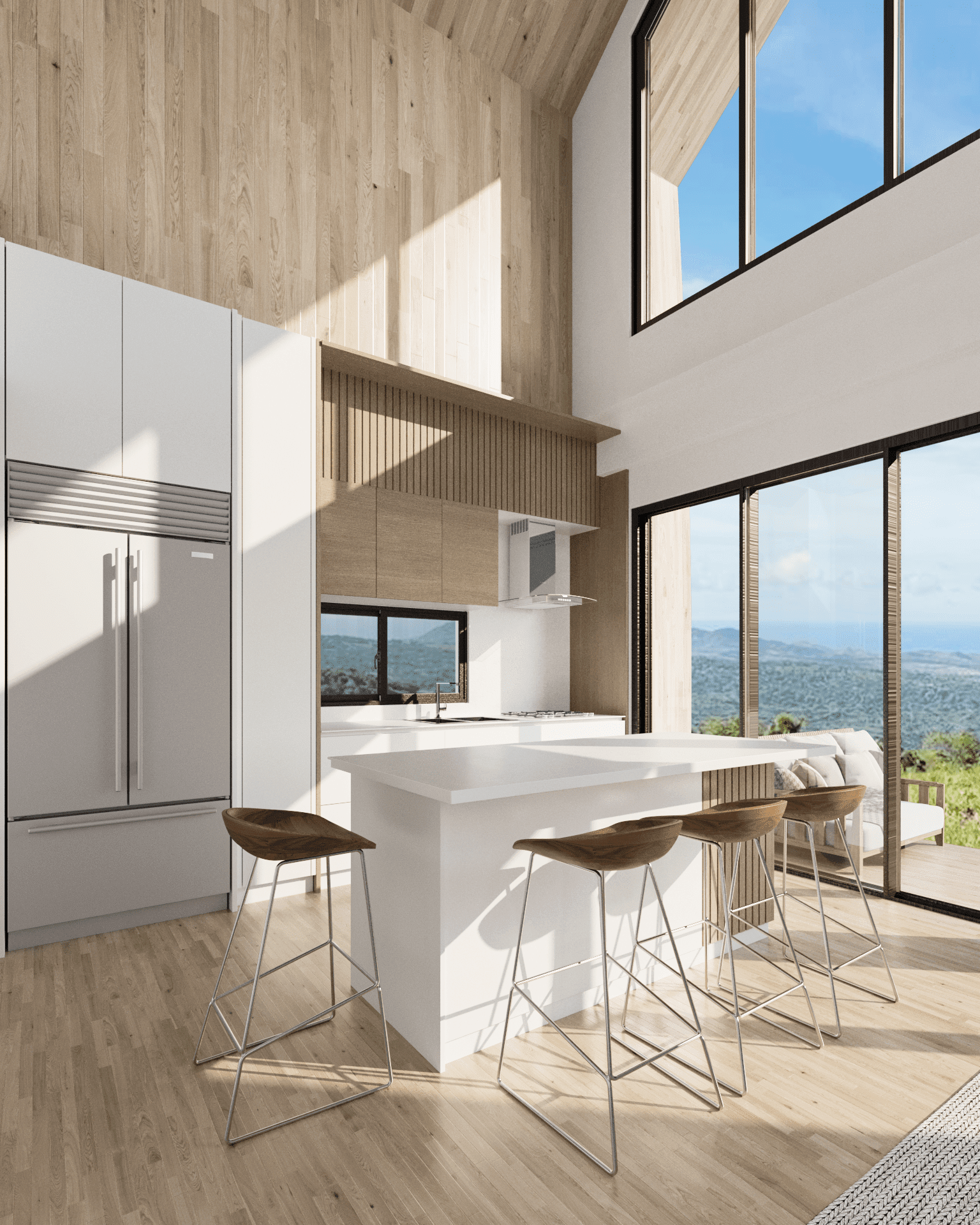 buyDRproperty Modern kitchen with panoramic views, natural wood accents, and bar seating. Sosua Real Estate