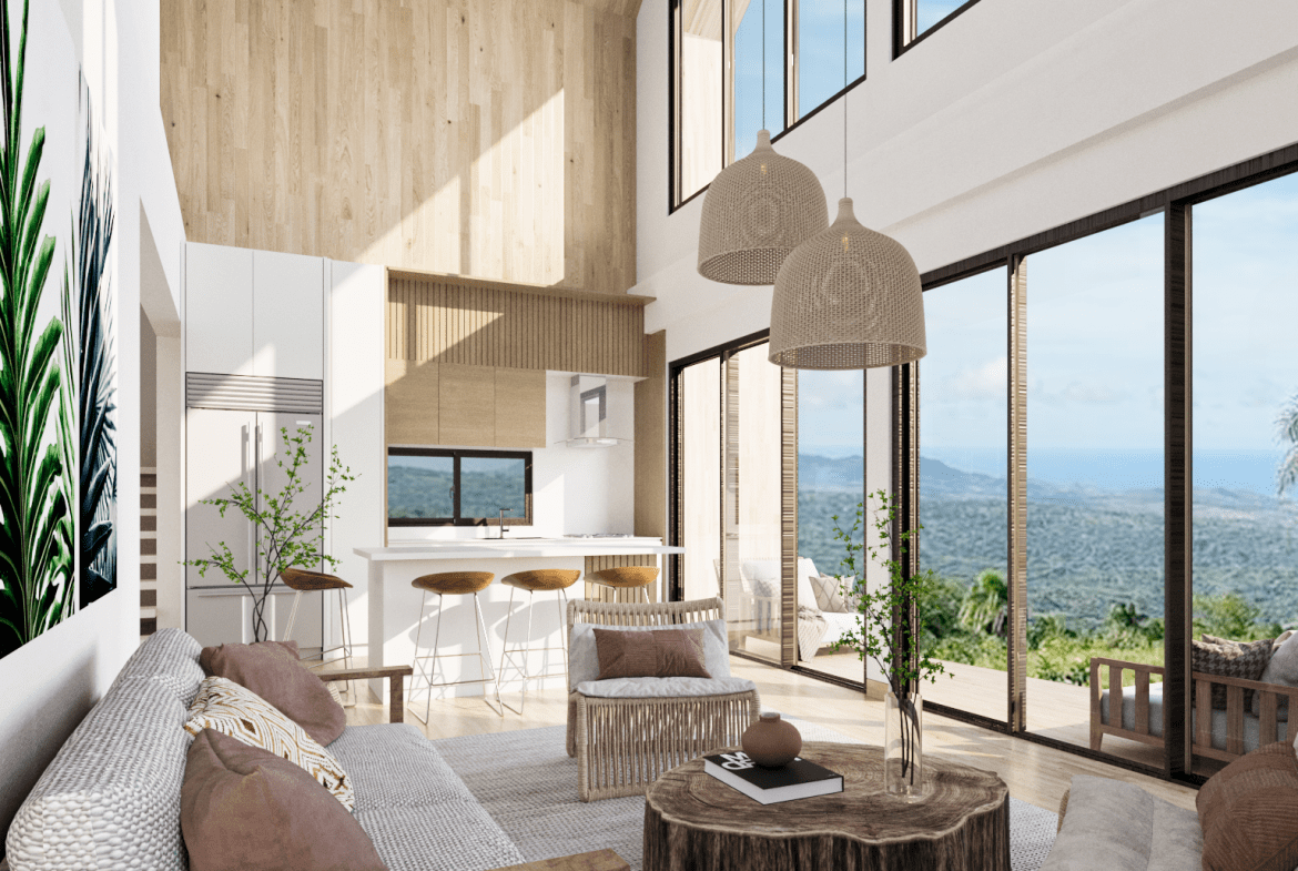buyDRproperty Modern living room with panoramic views, part of a 2-bedroom bungalow for sale. Sosua Real Estate