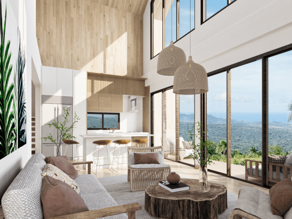buyDRproperty Modern living room with panoramic views, part of a 2-bedroom bungalow for sale. Sosua Real Estate