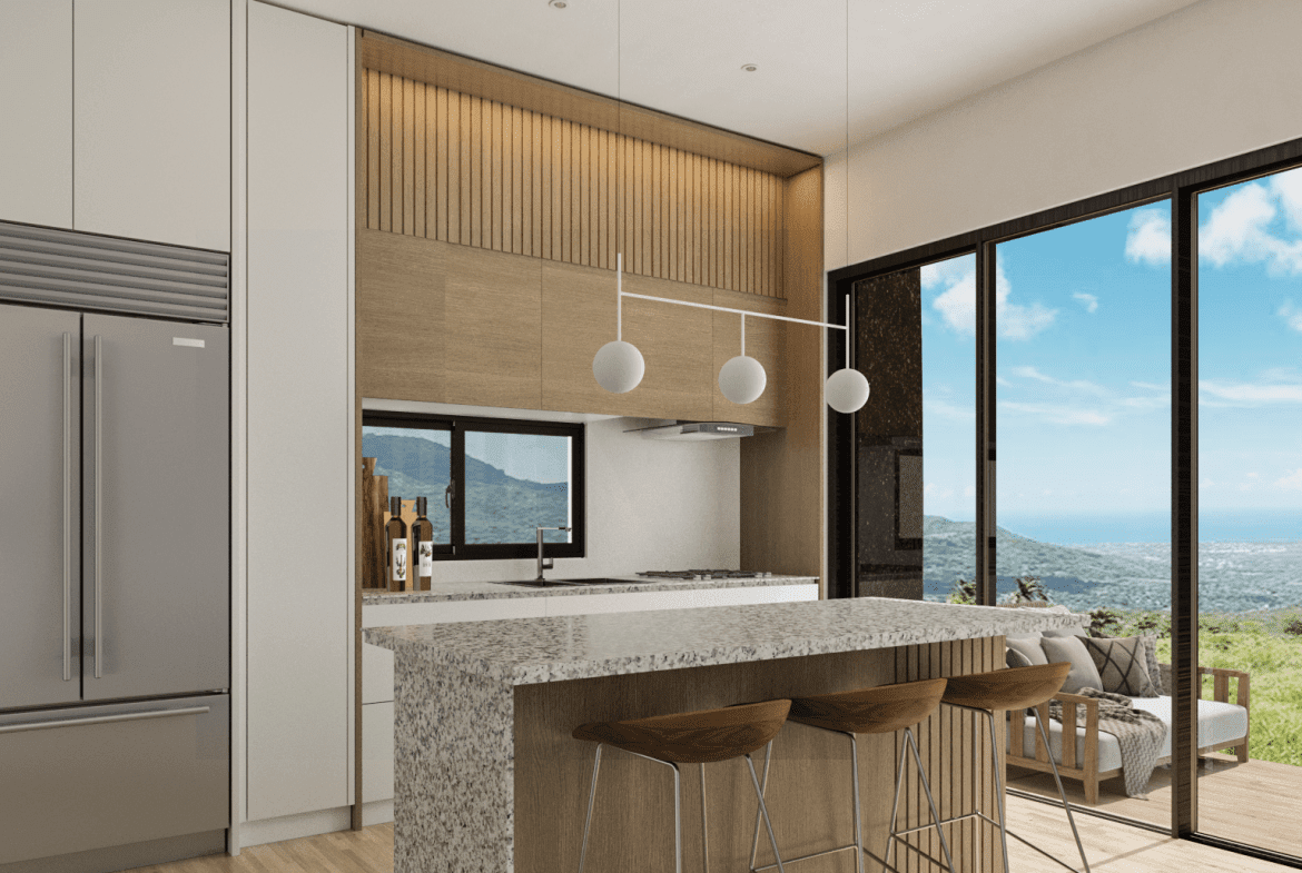 buyDRproperty Modern kitchen with granite island, bar stools, and ocean view from a 3-bedroom bungalow. Sosua Real Estate