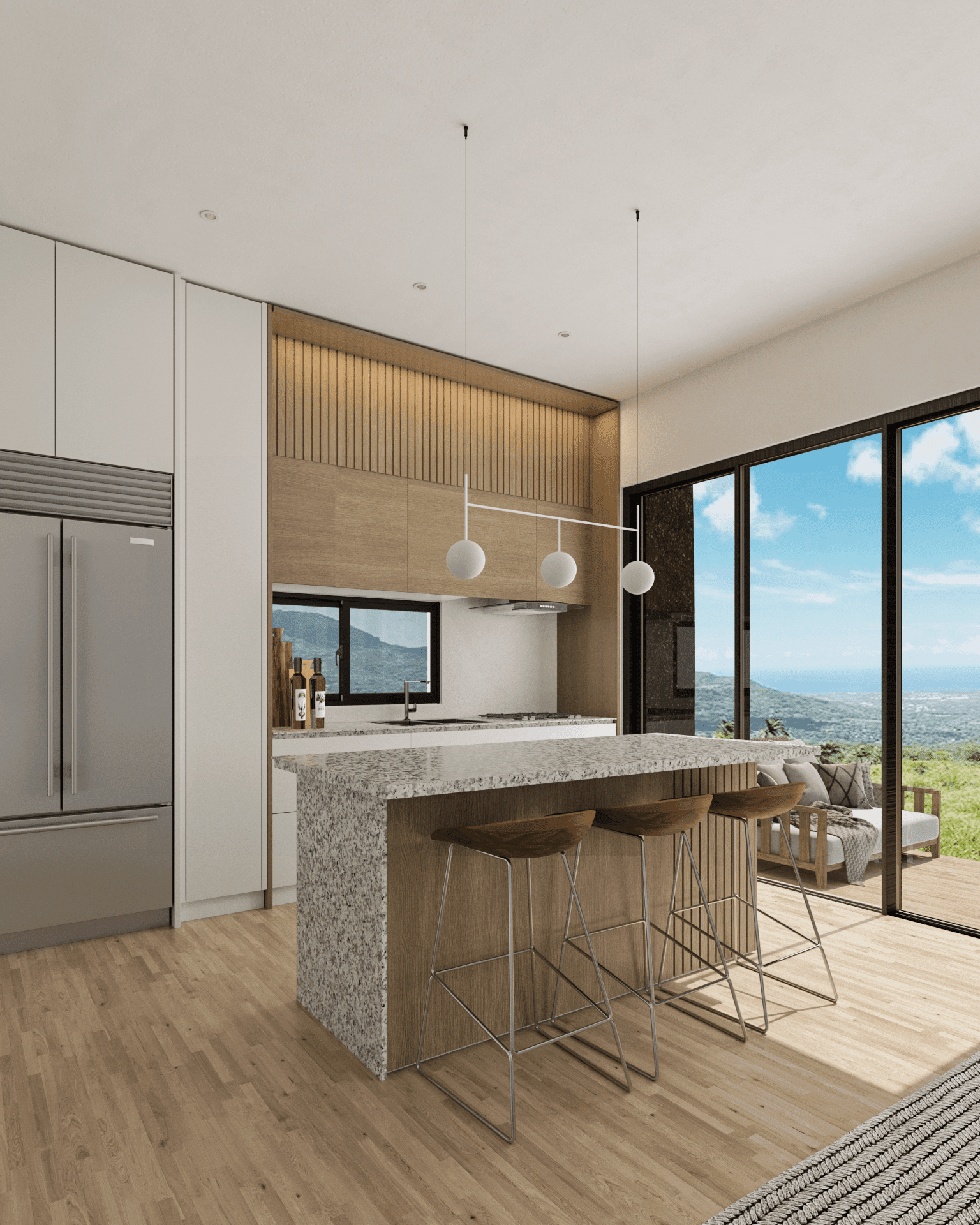 buyDRproperty Modern kitchen with granite island, bar stools, and ocean view from a 3-bedroom bungalow. Sosua Real Estate