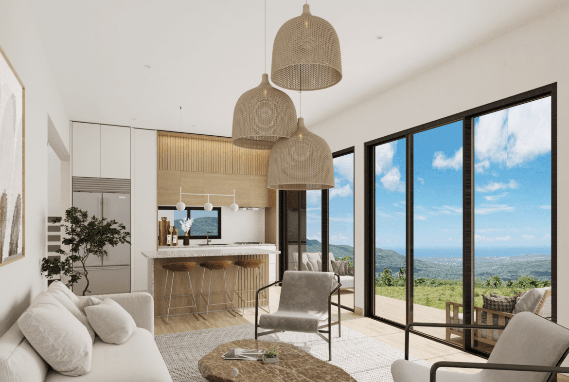 buyDRproperty Modern living room with panoramic views from a 3-bedroom bungalow for sale. Sosua Real Estate