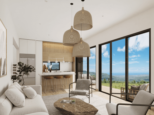 buyDRproperty Modern living room with panoramic views from a 3-bedroom bungalow for sale. Sosua Real Estate