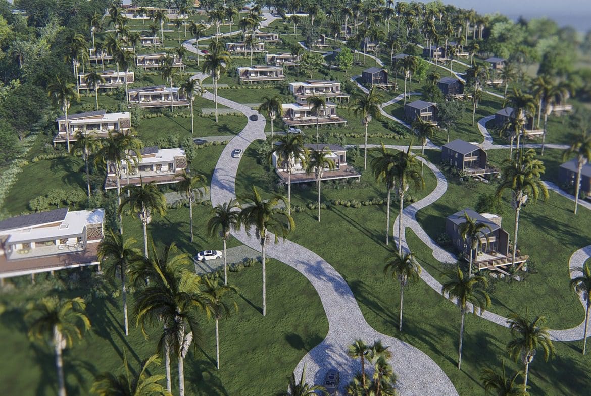 buyDRproperty Luxury villas on a hillside with palm trees and winding roads. Sosua Real Estate