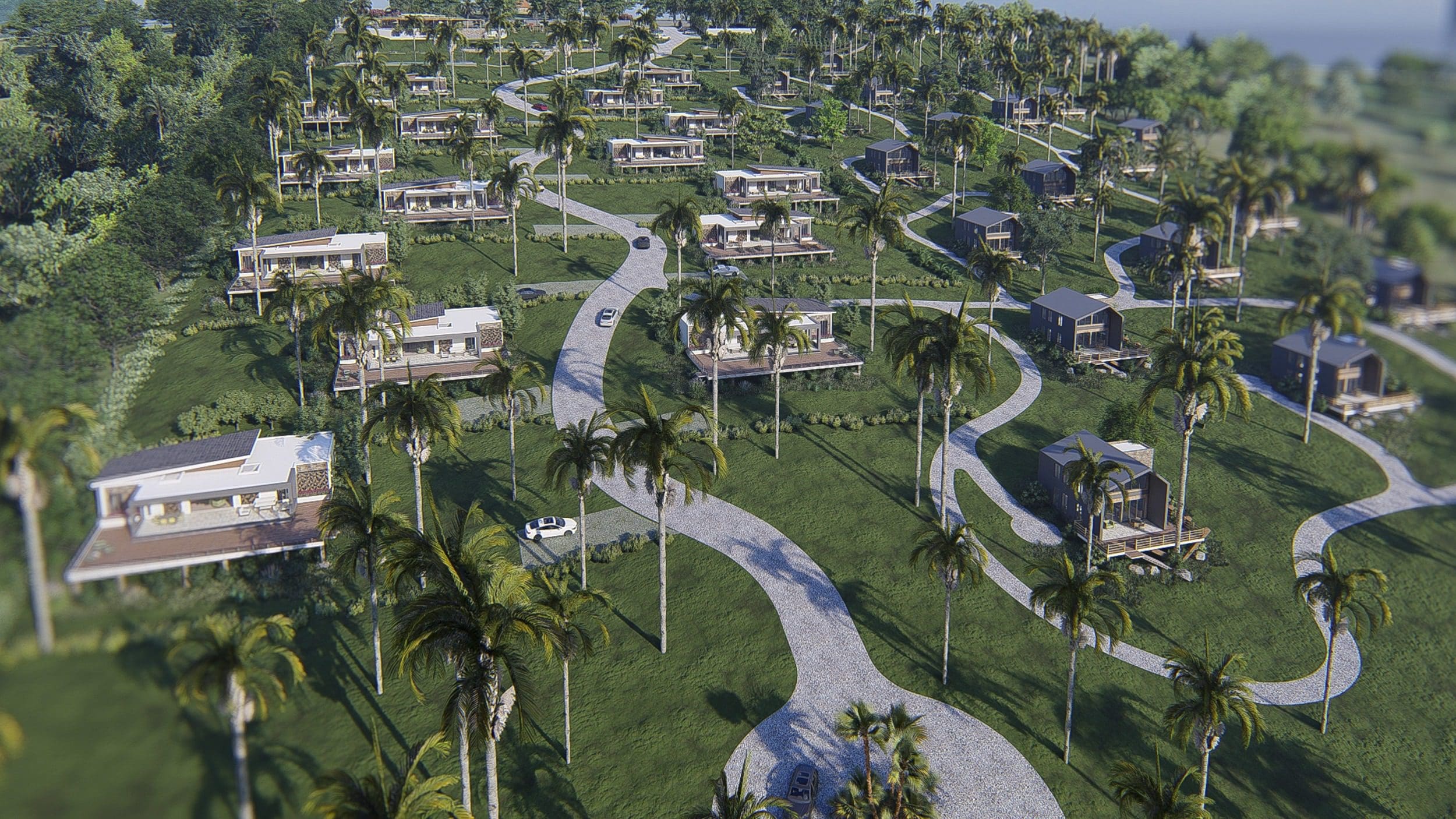 buyDRproperty Luxury villas on a hillside with palm trees and winding roads. Sosua Real Estate